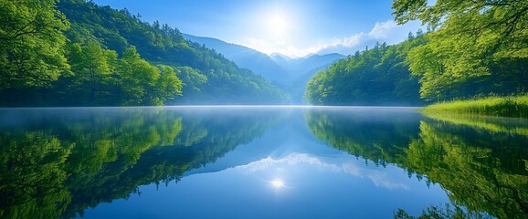 Poster - Serene lake reflecting lush green mountains under a bright sun.