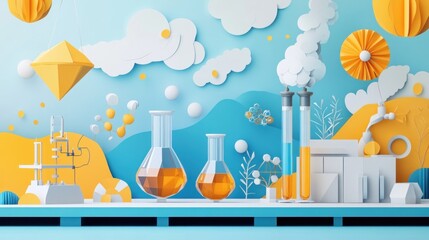 Aufkleber - Colorful 3D render of scientific lab equipment with paper art background.