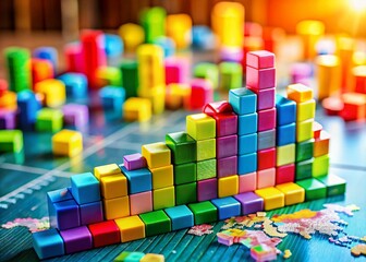 Poster - Miniature Toy Chart Data Analysis: Tilt-Shift Photography of Colorful Blocks Representing Financial Growth