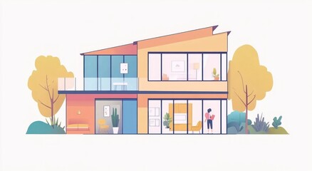 Poster - Modern two-story house with large windows, balcony, and landscaping.