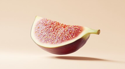 Poster - A vibrant slice of fig fruit levitates against a soft peach background, showcasing its juicy interior and intricate seed pattern.