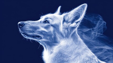 Poster - Artistic portrait of a white dog, ethereal, glowing, dark blue background.