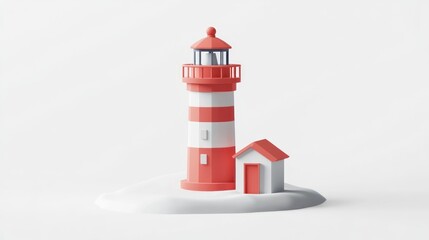 Poster - Low-poly 3D render of a lighthouse and small house on a white background.