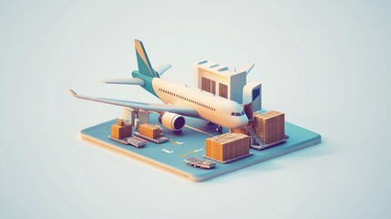 Poster - Isometric illustration of an airplane at the airport with cargo being loaded.
