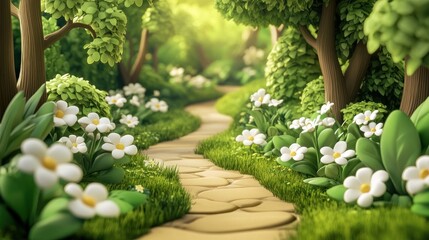 Aufkleber - Sunlit path winding through a lush, green forest with white flowers.