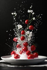Poster - Fresh strawberries and white flowers in water splash on plate.