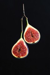 Poster - Two halved figs hanging on a branch against a black background.