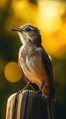 Aufkleber - Young bird perched on wooden post, bathed in warm sunset light.