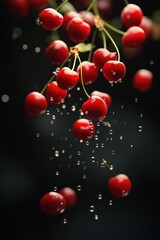 Poster - Ripe red cherries falling with water droplets on black background.