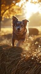 Aufkleber - Happy Australian Shepherd dog running in a hay field at sunrise.