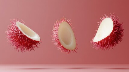 Poster - Three halved rambutans levitate against a muted pink background.