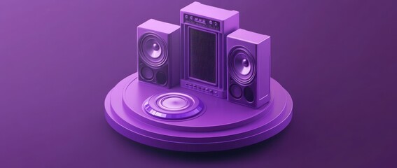 Poster - Purple stereo system with speakers and turntable on a platform.