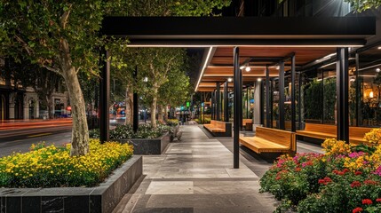 Poster - Modern city park at night with benches, lights, and flowers.