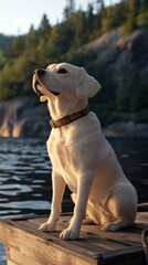 Poster - A yellow Labrador retriever dog sits attentively on a wooden dock by a calm lake at sunset, gazing towards the lush green hills.