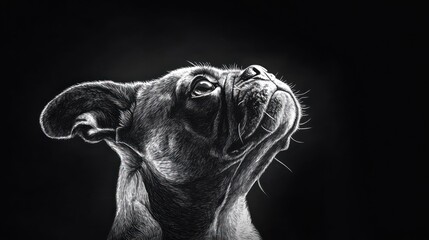 Poster - Monochrome illustration of a French bulldog looking up,  head tilted, showcasing its expressive eyes and wrinkles.