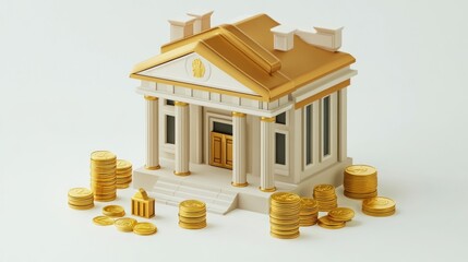 Poster - 3D model of a classical bank building surrounded by stacks of gold coins, symbolizing wealth and finance.