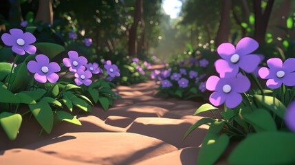 Poster - Sunlit path through a forest with purple flowers.