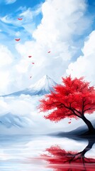 Wall Mural - A painting of a red tree in front of a mountain