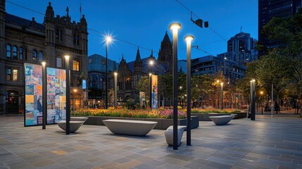 Poster - Dusk view of a city square with modern lighting, flowerbeds, and art installations.