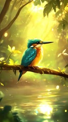 Poster - Vibrant kingfisher perched on a branch by a tranquil stream in a sun-dappled forest.