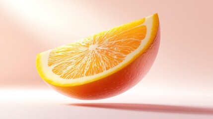 Poster - A juicy orange slice levitates against a soft pink background, illuminated by a warm light.