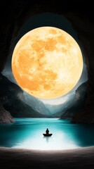 Wall Mural - A person in a boat in front of a full moon