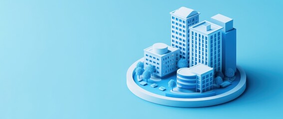 Poster - Stylized miniature city model on a blue background.