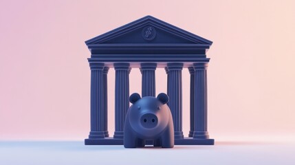 Poster - Piggy bank in front of a classical bank building, symbolizing savings and finance.