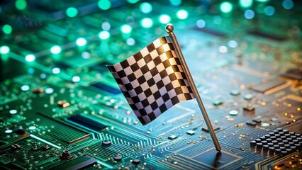 Poster - minimalist checkerboard flag with circuit background - abstract tech stock photo