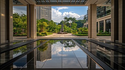 Poster - Modern building entrance with reflecting pool, showcasing a tranquil garden and cityscape view.