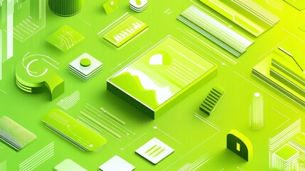 Fototapete - Abstract isometric green tech illustration with various design elements and data visualizations.