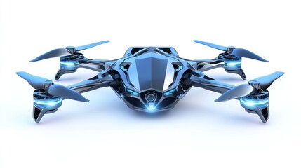 Poster - Futuristic drone with glowing blue lights, isolated on white background.