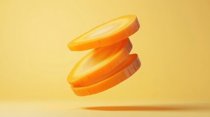 Poster - Three levitating carrot slices against a yellow background. (1)