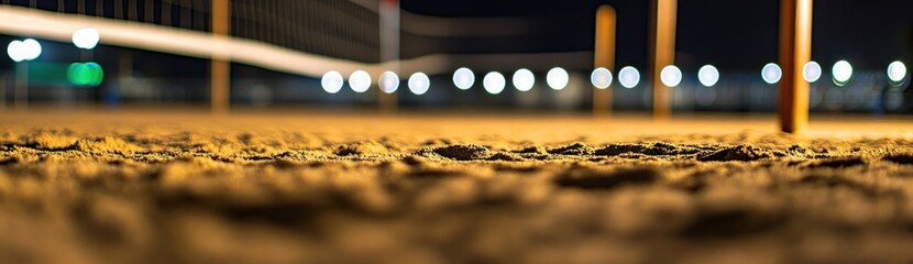 Poster - Close-up view of sandy ground at night, with blurred background of illuminated volleyball net and lights.