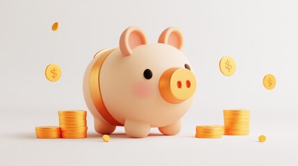 Poster - Cute piggy bank with gold coins, 3D rendering.