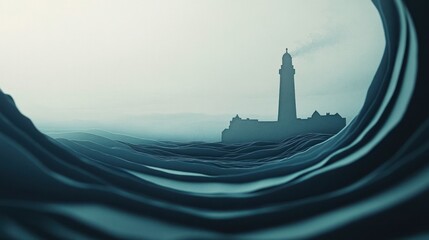 Aufkleber - Lighthouse silhouette at misty sea, viewed through stylized waves.