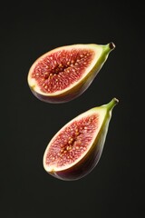 Poster - Two halved figs levitating against a black background, showcasing their vibrant red interior and tiny seeds.