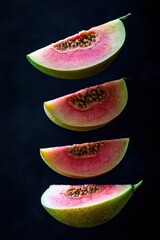 Aufkleber - Four levitating slices of pink guava against a black background.
