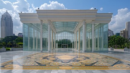 Poster - Modern glass pavilion with ornate tiled floor, set against a backdrop of city buildings and lush greenery.