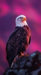 Aufkleber - Majestic bald eagle perched on a rock against a vibrant pink sunset sky.