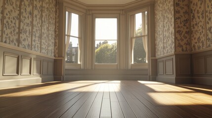 Leinwandbilder - Sunlit empty room with bay window, hardwood floors, and patterned wallpaper.