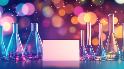 Aufkleber - Colorful liquids in glass beakers with blank card against bokeh background.