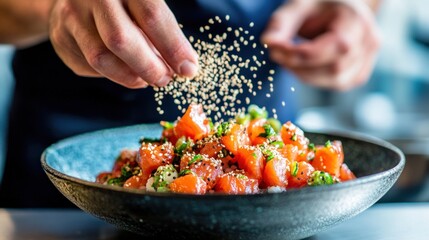 Poster - Chef's hands sprinkling sesame seeds over a vibrant salmon poke bowl.