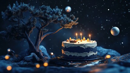 Poster - Birthday cake with lit candles under a miniature tree in a surreal night scene.