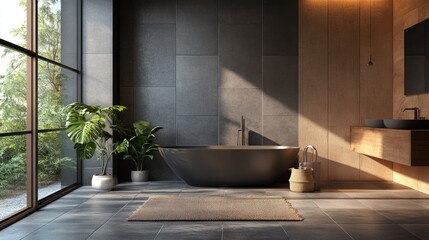 Poster - compact wall-mounted water heater in a modern bathroom, featuring energy efficiency and sleek design