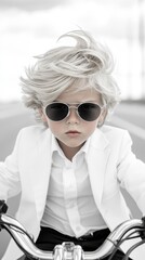 Poster - A young boy in a white suit and sunglasses riding a motorcycle