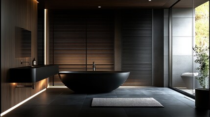 Poster - compact wall-mounted water heater in a modern bathroom, featuring energy efficiency and sleek design