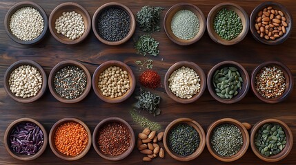 Wall Mural - Assorted legumes and grains in colorful bowls, showcasing vibrant, nutrient-rich plant-based ingredients with rustic wooden texture, high-resolution detail, and balanced composition in a gourmet vegan