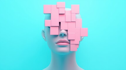 Fototapete - Artistic woman's portrait with geometric pink square overlay, a modern digital art piece