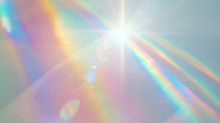 Holographic rainbow light refraction texture overlay with abstract soft bokeh and prizm effect on a white backdrop. Organic prismatic glow and natural shadows, iridescent light. Background, copy space